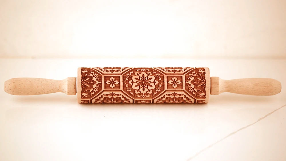 Arjmide 35X4.5CM European Retro Flower Window Grilles Deep Engraved Wooden Embossed Cookies Rolling Pin for Baking 3D Mold ZM006