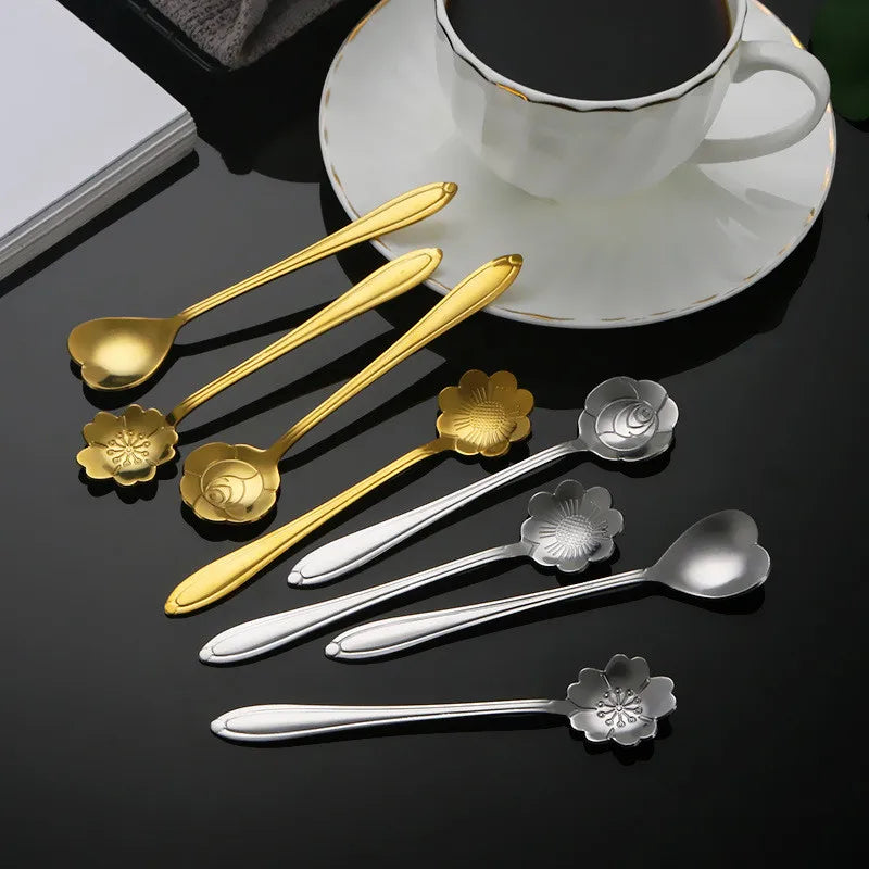 8pcs Stainless Steel Cherry Rose Flower Gold Scoop Coffee Spoon Gifts Kitchen Dessert Tea Accessories Tableware Decoration Set