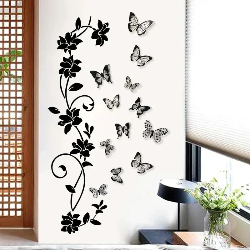 Black Flower Vine 3D Butterfly Wall Sticker Background Wall Bedroom Room Decoration Removable Wall Sticker