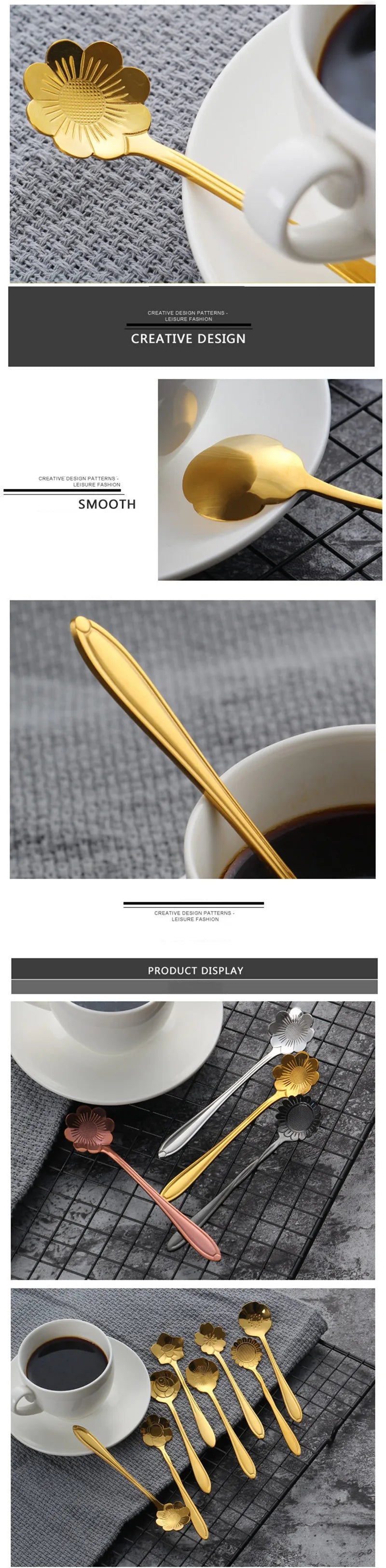 8pcs Stainless Steel Cherry Rose Flower Gold Scoop Coffee Spoon Gifts Kitchen Dessert Tea Accessories Tableware Decoration Set