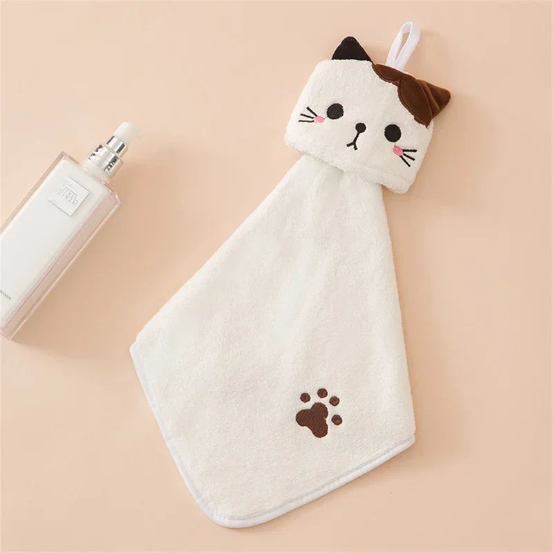 Cute cat kitchen cleaning towel coral velvet hand towel bathroom hanging absorbent dishcloth soft cleaning cloth rag