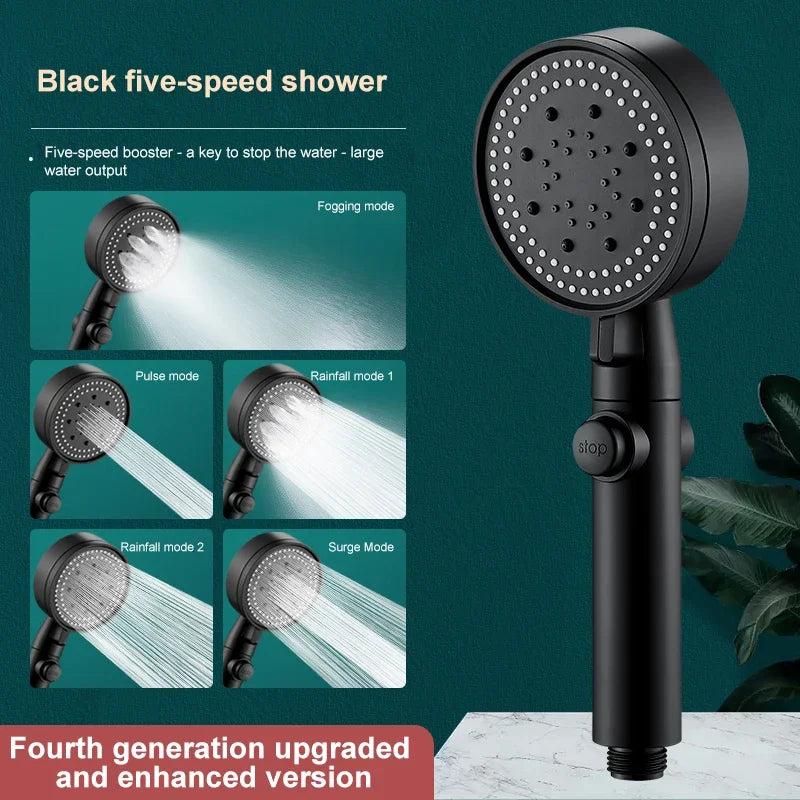 High-pressure Shower Head Set 5 Modes of Adjustment Showerhead with Hose Water-saving One-touch Stop Bathroom Accessories