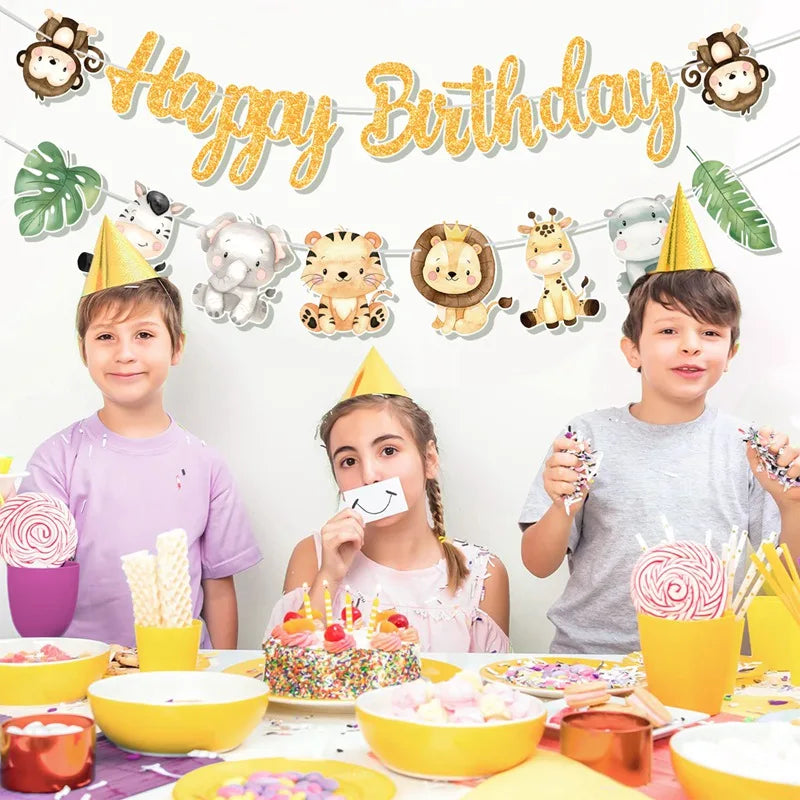Animal Banner Jungle Safari Happy Birthday Party Decorations for Kids Wild One Birthday Decor Hangning Garland Party Supplies