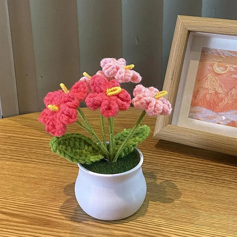 DIY Handwoven Mini Potted Flower Rose Office Desktop Ornamental Potted Plants Woolen Thread Finished Product Home Decoration