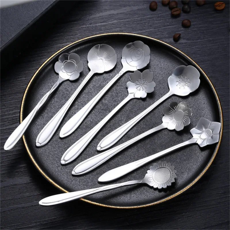 8pcs Stainless Steel Cherry Rose Flower Gold Scoop Coffee Spoon Gifts Kitchen Dessert Tea Accessories Tableware Decoration Set
