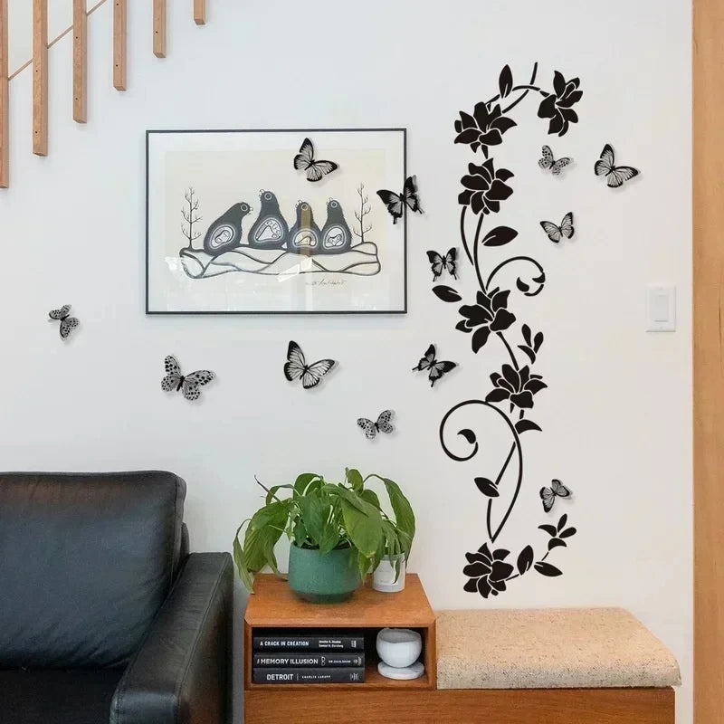 Black Flower Vine 3D Butterfly Wall Sticker Background Wall Bedroom Room Decoration Removable Wall Sticker