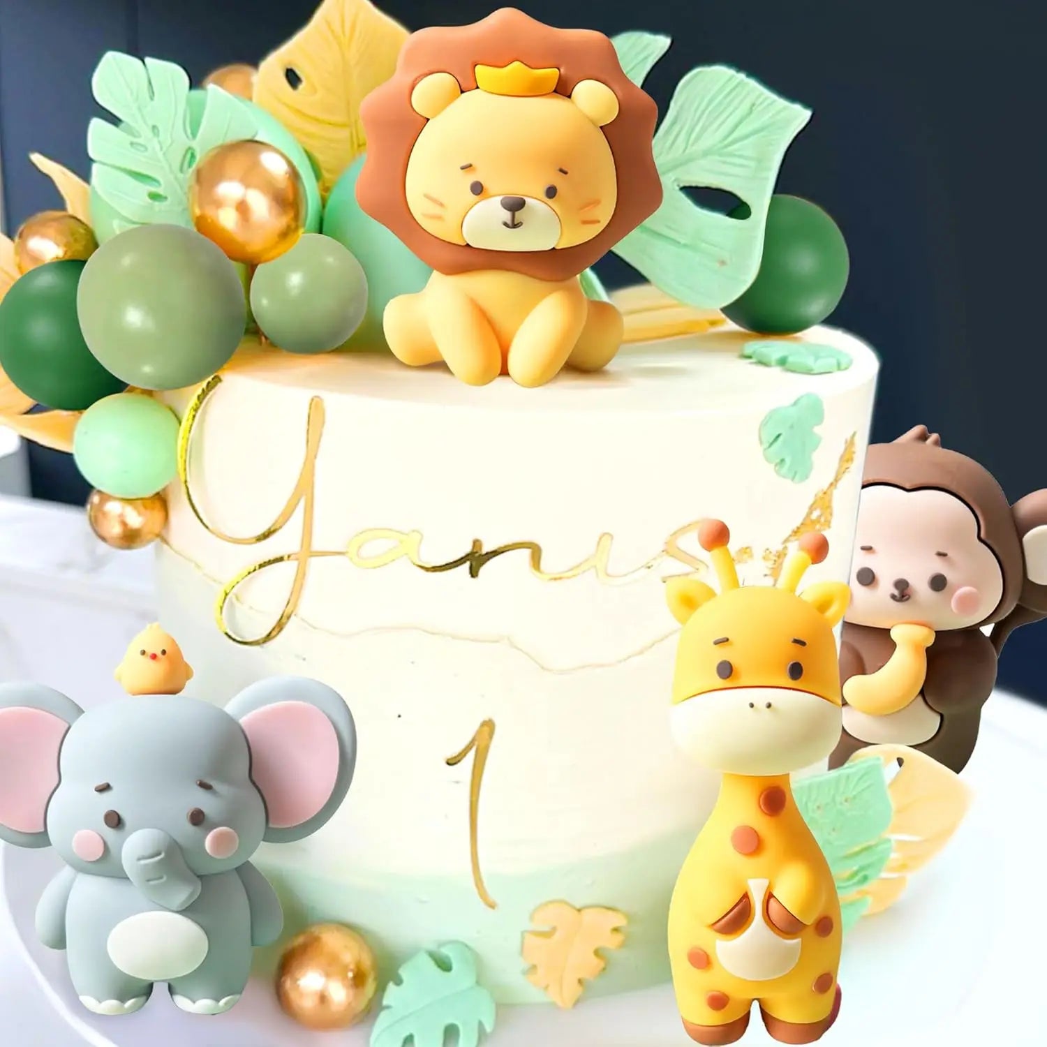 Cute Jungle Baby Shower Cake Decor Safari Animals Foam Ball Birthday Cake Decor Wild Giraffe Monkey Lion Elephant Cake Topper