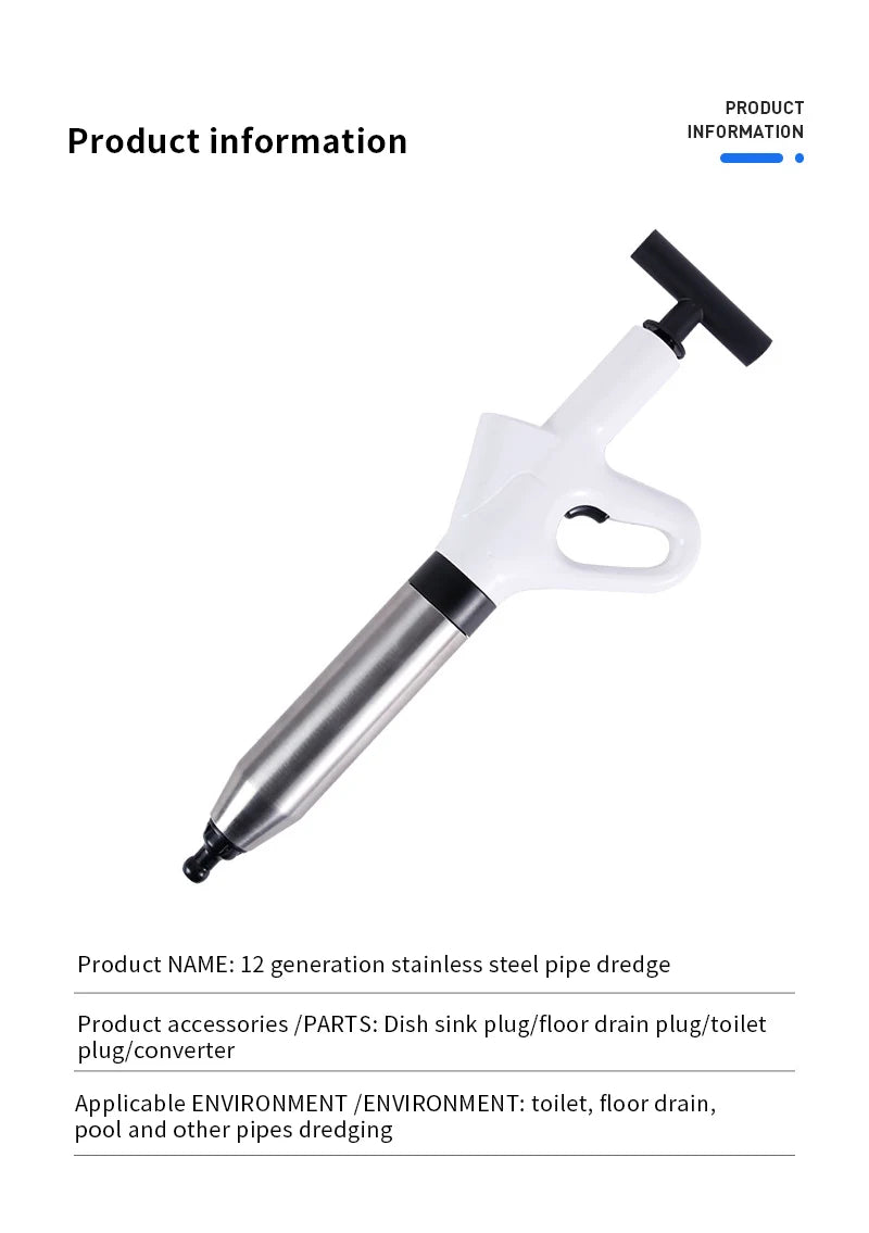 Stainless Steel Toilet Pipe Dredger Pneumatic Household High-pressure Dredging Tool Set Thickened Wall Cylinder Sturdy And Safe