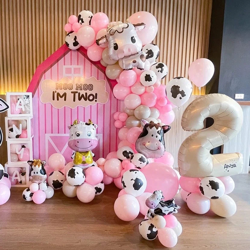 Carton Farm Animal Balloon Set with Pink Foil Number Balloon for Kids Farmland Animal Happy Birthday Party Decoration Supplies