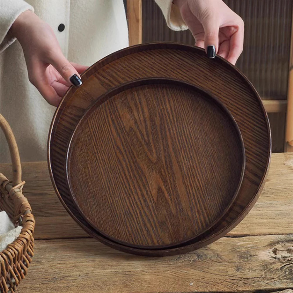 Round Wooden Serving Tray 21/27/30cm Wood Platte Decorative Tray for Coffee Home Table Breakfast Dinner Tea Food Tray