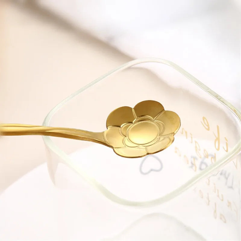 8pcs Stainless Steel Cherry Rose Flower Gold Scoop Coffee Spoon Gifts Kitchen Dessert Tea Accessories Tableware Decoration Set