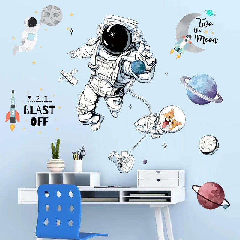 3D Creative Planetary Astronauts Wall Sticker Home Decor Cartoon Kids Room Bedroom Period Print Decal Mural Art Sky Poster Gift