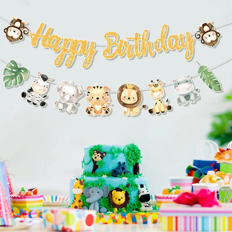 Animal Banner Jungle Safari Happy Birthday Party Decorations for Kids Wild One Birthday Decor Hangning Garland Party Supplies