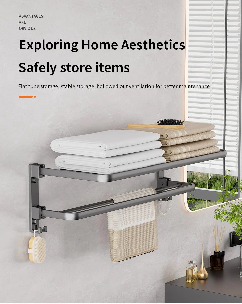 Matte Black 50CM Folding Holder With Hook Towel Holder Wall Mount AluminumTowel Rack