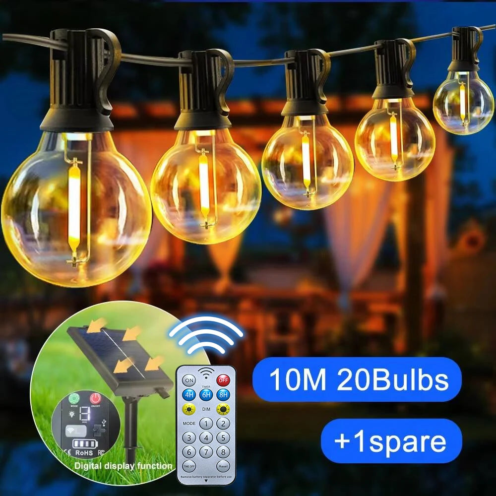Solar G40 Outdoor String Lights with Remote Controls LED Shatterproof Globe Bulb IP65 Waterproof Patio Light for Garden Decor