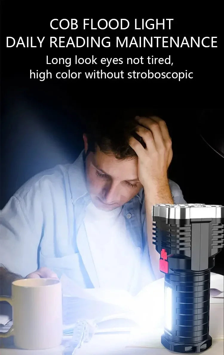 5LED High Power Led Flashlights Rechargeable Camping Spotlight with Side Light 3 Lighting Modes for Camping Adventure Outdoor