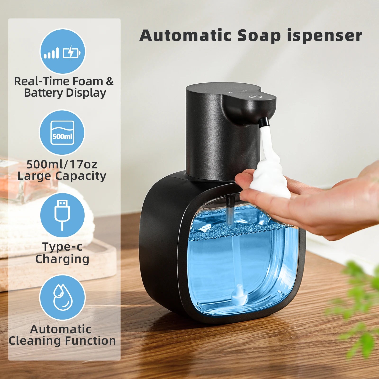 New Wall Mounted Automatic Soap Dispenser Foam Smart Hand Washing Machine 500ml Liquid Rechargeable Bathroom Induction Sensor