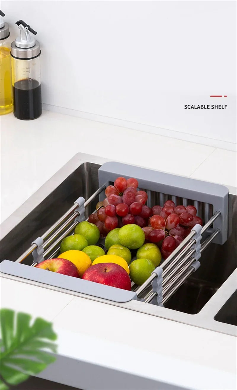 Kitchen Sink Drain Rack Stainless Steel Extendable Dish Drying Rack Drain basket Fruit Vegetable Washing Drainer Storage rack