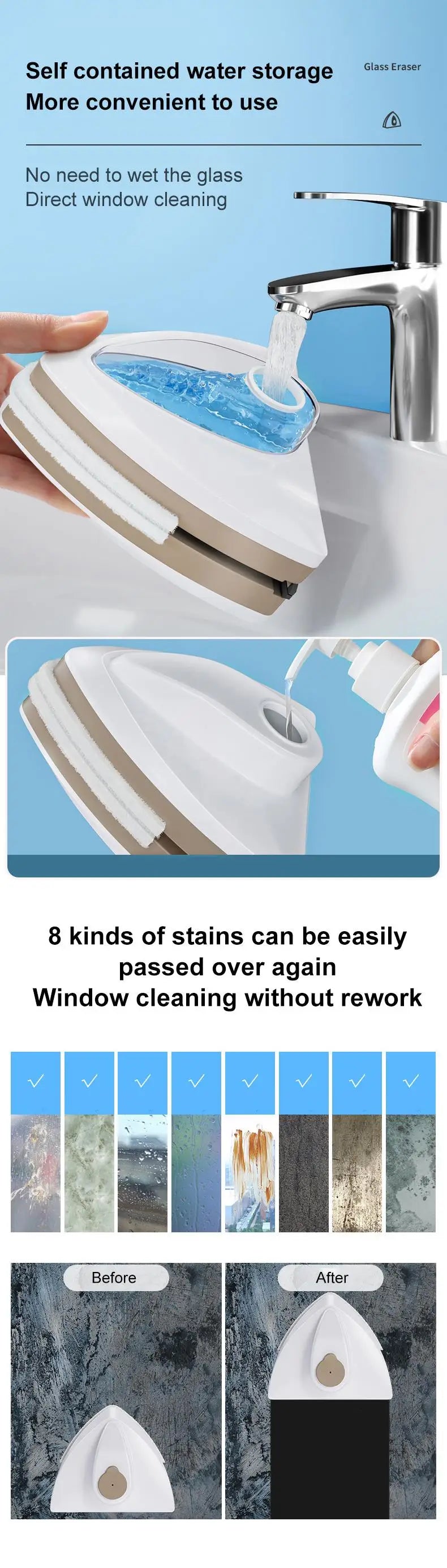 2024 New Magnetic Glass Window Cleaning Tool Water Discharge Double-layer Wiper Household Special Magnetic Window Cleaner