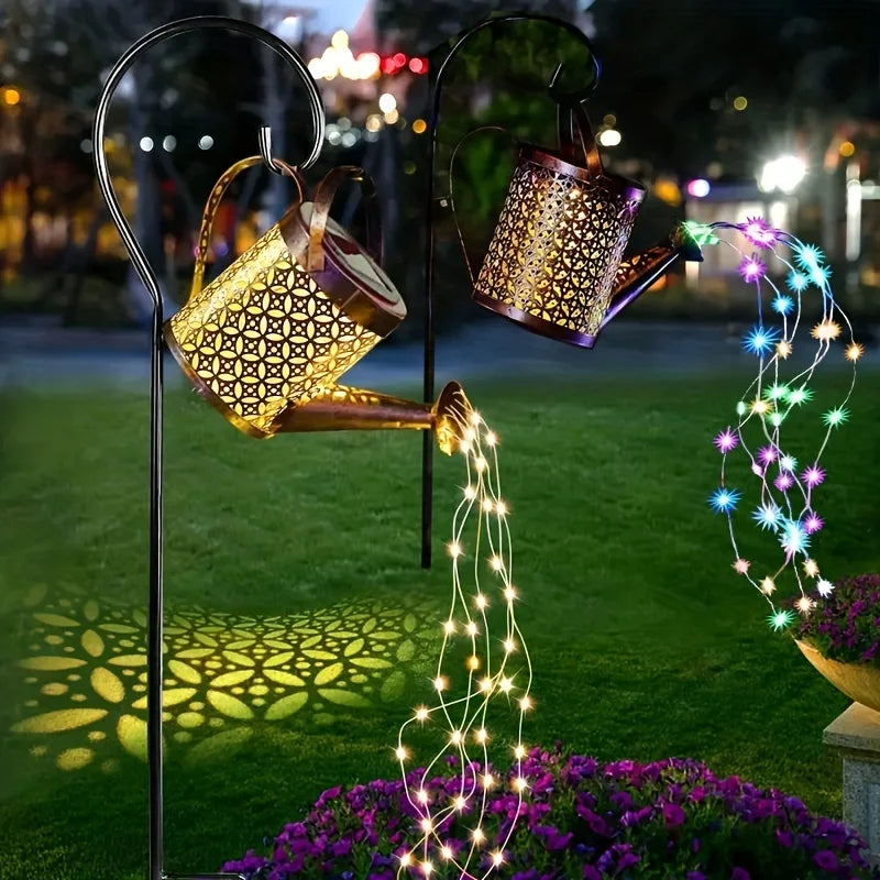 Large Retro Metal Lantern Solar Watering Can Light Outdoor Waterproof Shower Lights Hanging Star LED Fairy for Garden Decoration