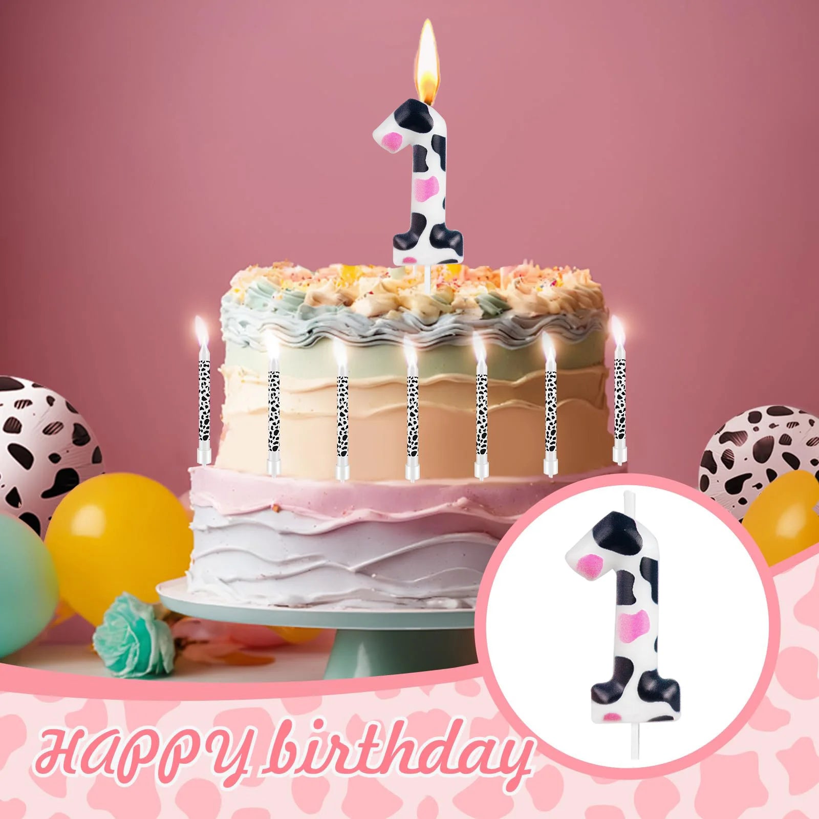 7pcs Birthday Number Candle,Pink Cow Birthday Candles Cow Im One Birthday Decorations,Cowgirl Theme Girls Birthday Party Décor