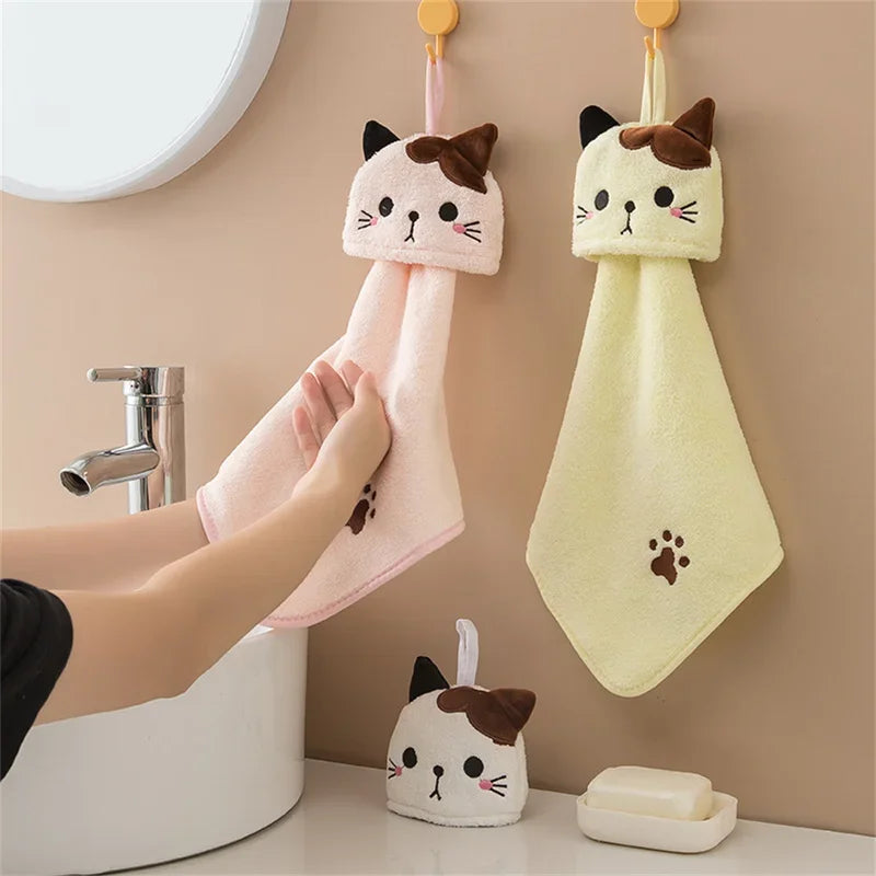 Cute cat kitchen cleaning towel coral velvet hand towel bathroom hanging absorbent dishcloth soft cleaning cloth rag