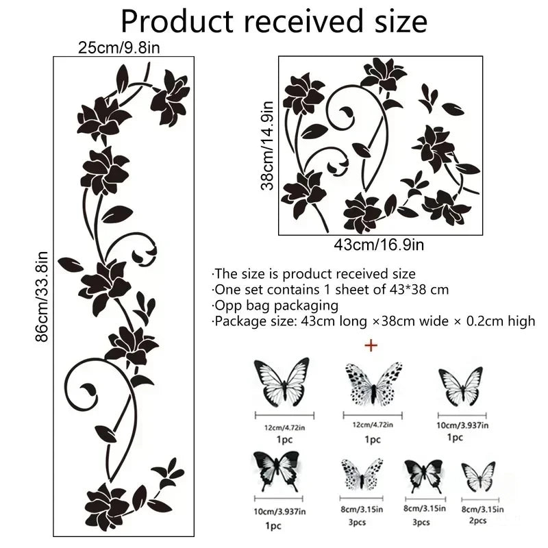 Black Flower Vine 3D Butterfly Wall Sticker Background Wall Bedroom Room Decoration Removable Wall Sticker