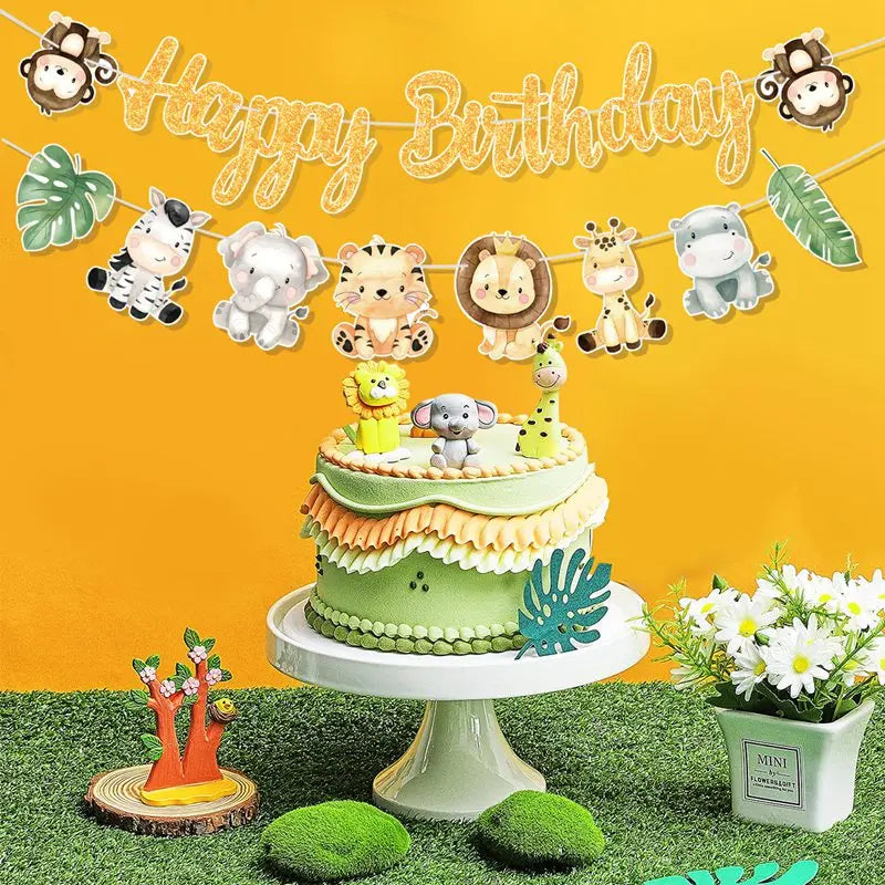 Animal Banner Jungle Safari Happy Birthday Party Decorations for Kids Wild One Birthday Decor Hangning Garland Party Supplies