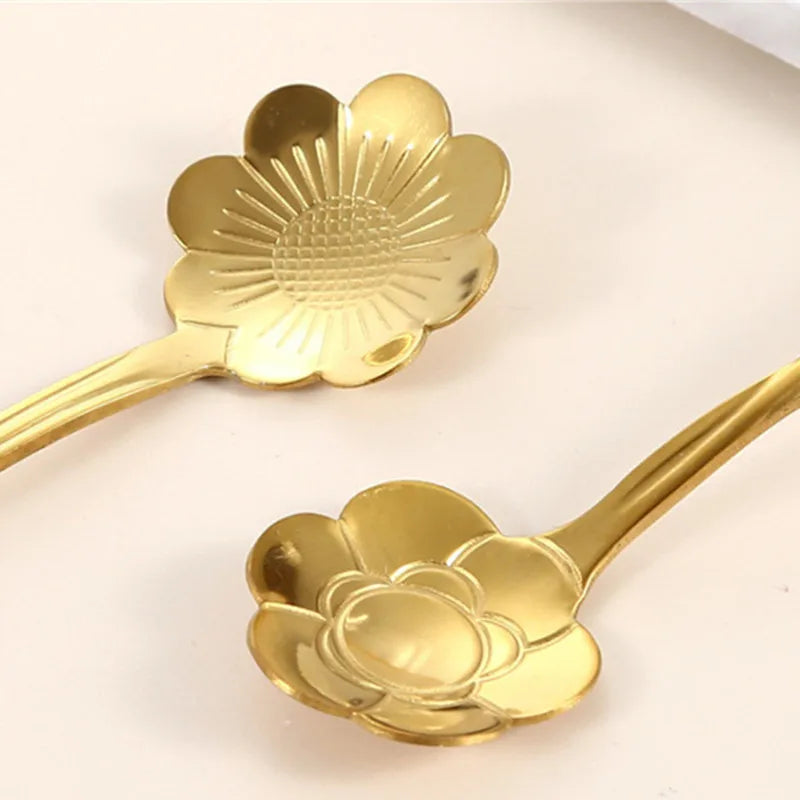 8pcs Stainless Steel Cherry Rose Flower Gold Scoop Coffee Spoon Gifts Kitchen Dessert Tea Accessories Tableware Decoration Set