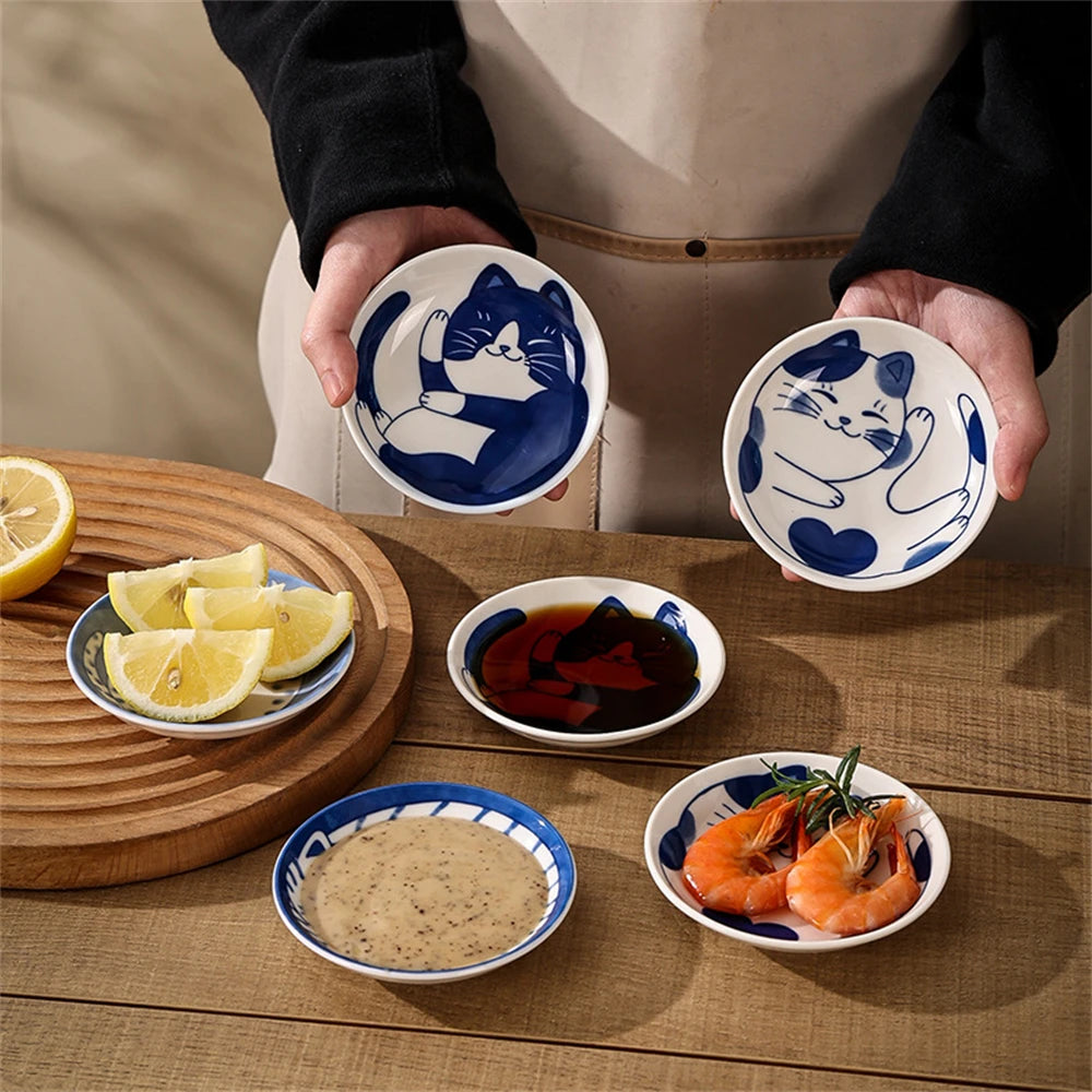 1/4pcs Ceramic Dessert Sauce Dish Tableware Japanese Style Creative Cartoon Lucky Cat Pattern Shape Fruit Sushi Plates