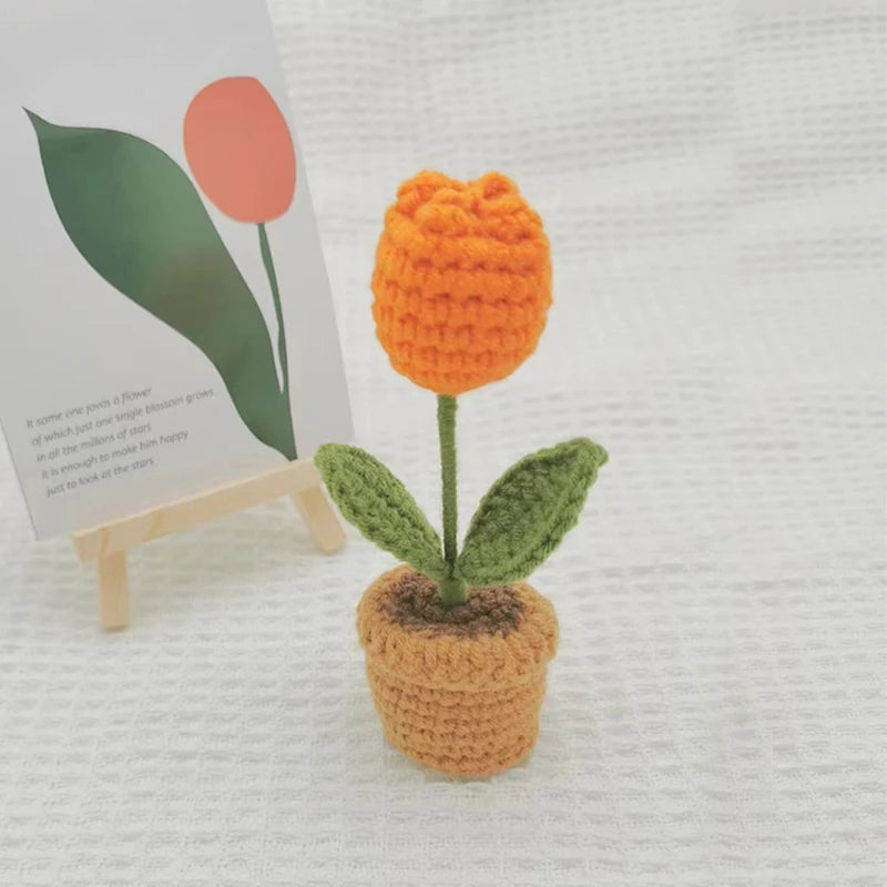 DIY Handwoven Mini Potted Flower Rose Office Desktop Ornamental Potted Plants Woolen Thread Finished Product Home Decoration