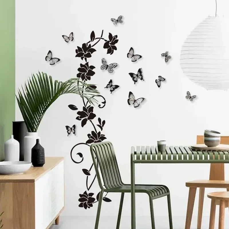 Black Flower Vine 3D Butterfly Wall Sticker Background Wall Bedroom Room Decoration Removable Wall Sticker