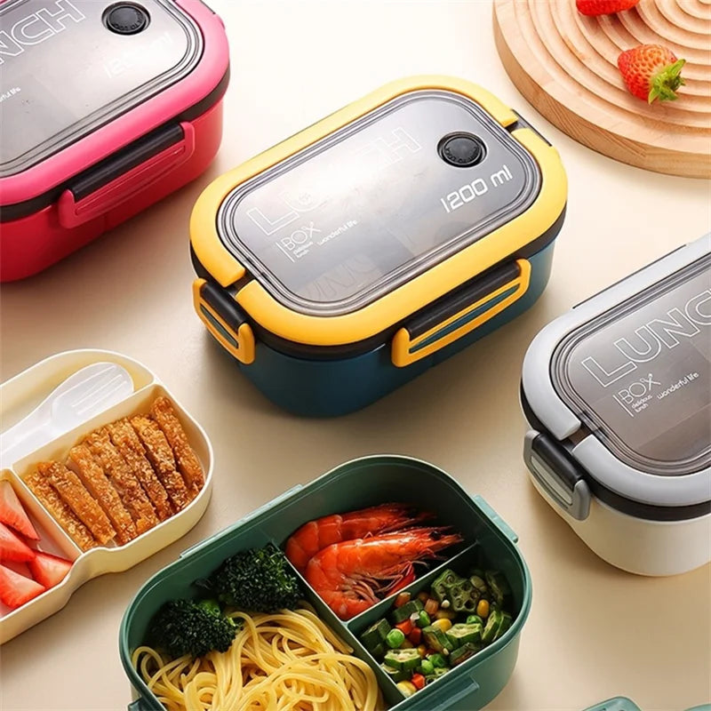1200ML 2 Layer Bento Lunch Box With Spoon Fork, Kid High Capacity Microwae Food Containers Portable Leakproof Office Camping