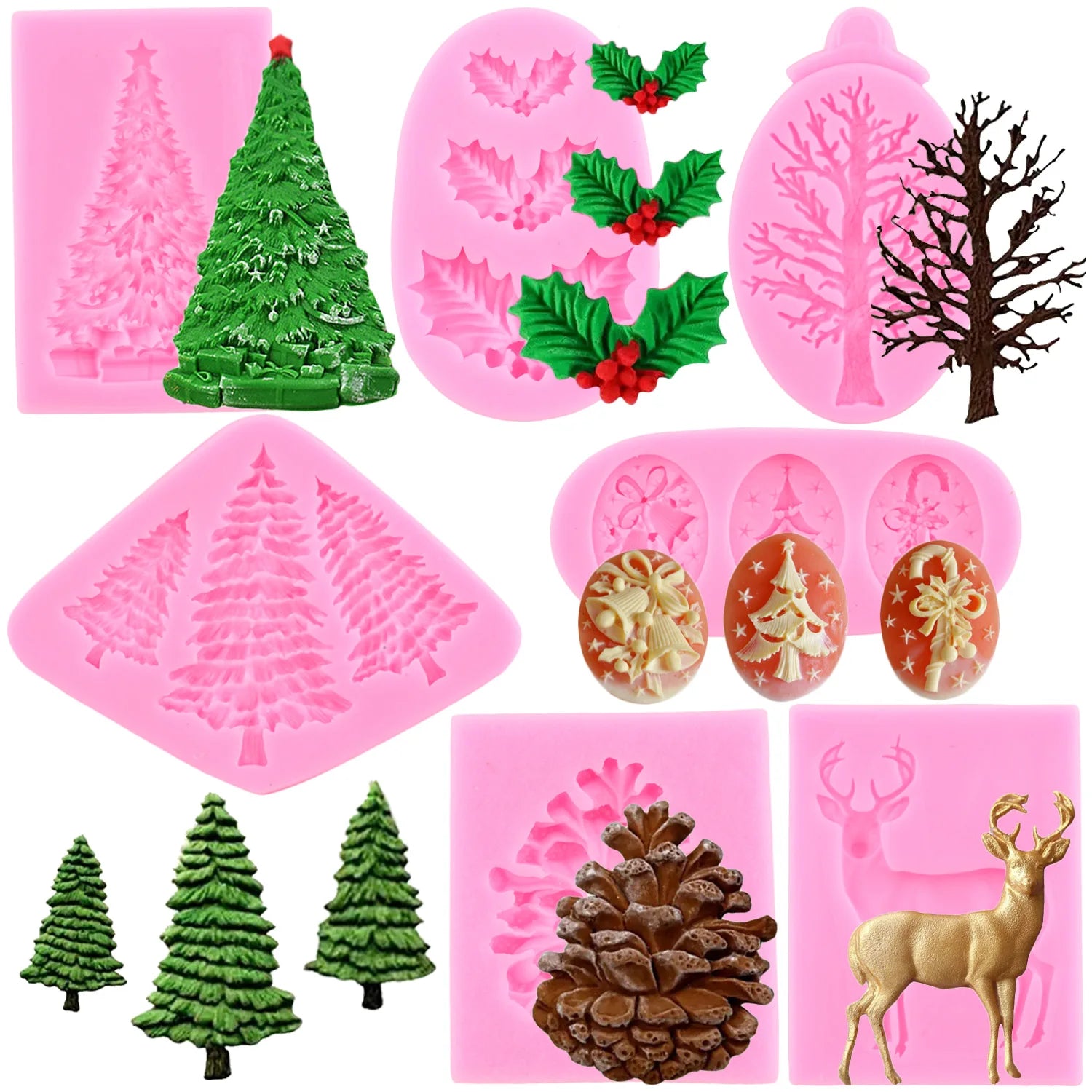 Christmas Tree Silicone Mold Holly Leaves Fondant Molds Cake Decorating Tools Chocolate Gumpaste Moulds Deer Candy Resin Mould