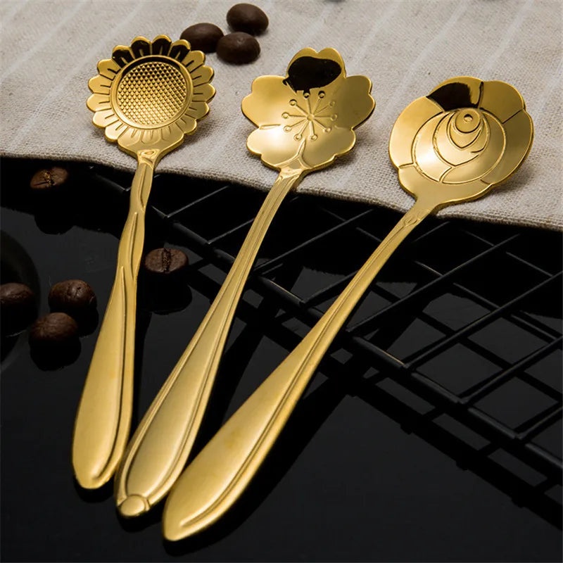 8pcs Stainless Steel Cherry Rose Flower Gold Scoop Coffee Spoon Gifts Kitchen Dessert Tea Accessories Tableware Decoration Set