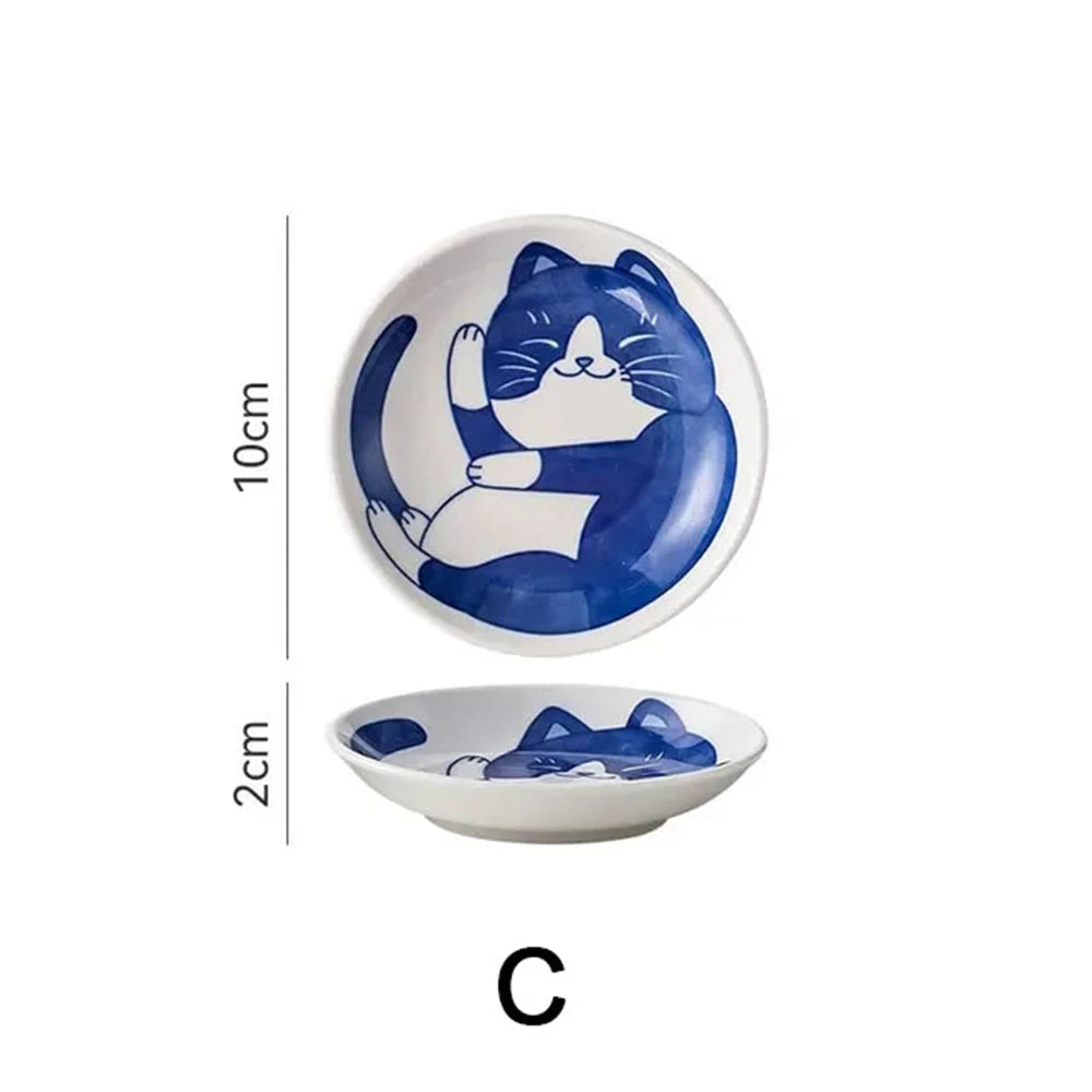 1/4pcs Ceramic Dessert Sauce Dish Tableware Japanese Style Creative Cartoon Lucky Cat Pattern Shape Fruit Sushi Plates