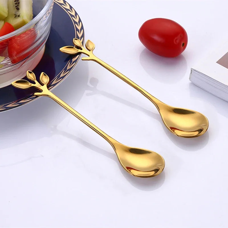 8pcs Stainless Steel Cherry Rose Flower Gold Scoop Coffee Spoon Gifts Kitchen Dessert Tea Accessories Tableware Decoration Set