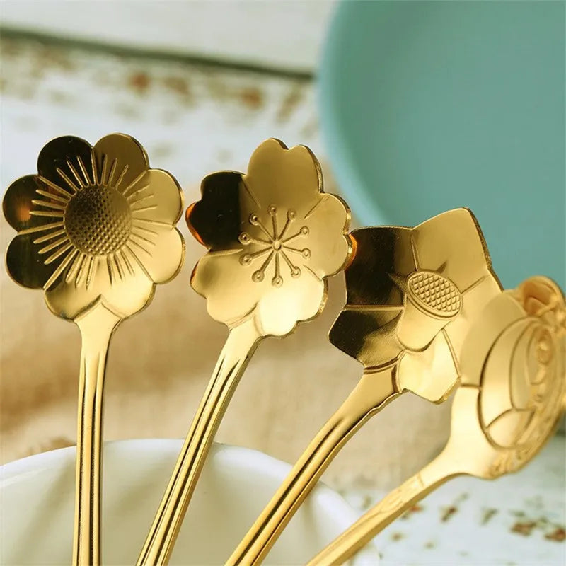 8pcs Stainless Steel Cherry Rose Flower Gold Scoop Coffee Spoon Gifts Kitchen Dessert Tea Accessories Tableware Decoration Set