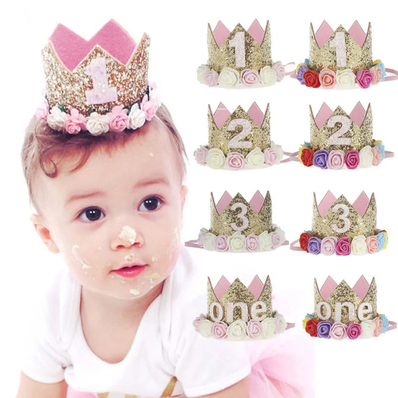 Baby Birthday Party Hat Crown 1 2 3 Year Baby Girl Princess Crown Headband Baby Shower First 1st Happy Birthday Party Decor kids