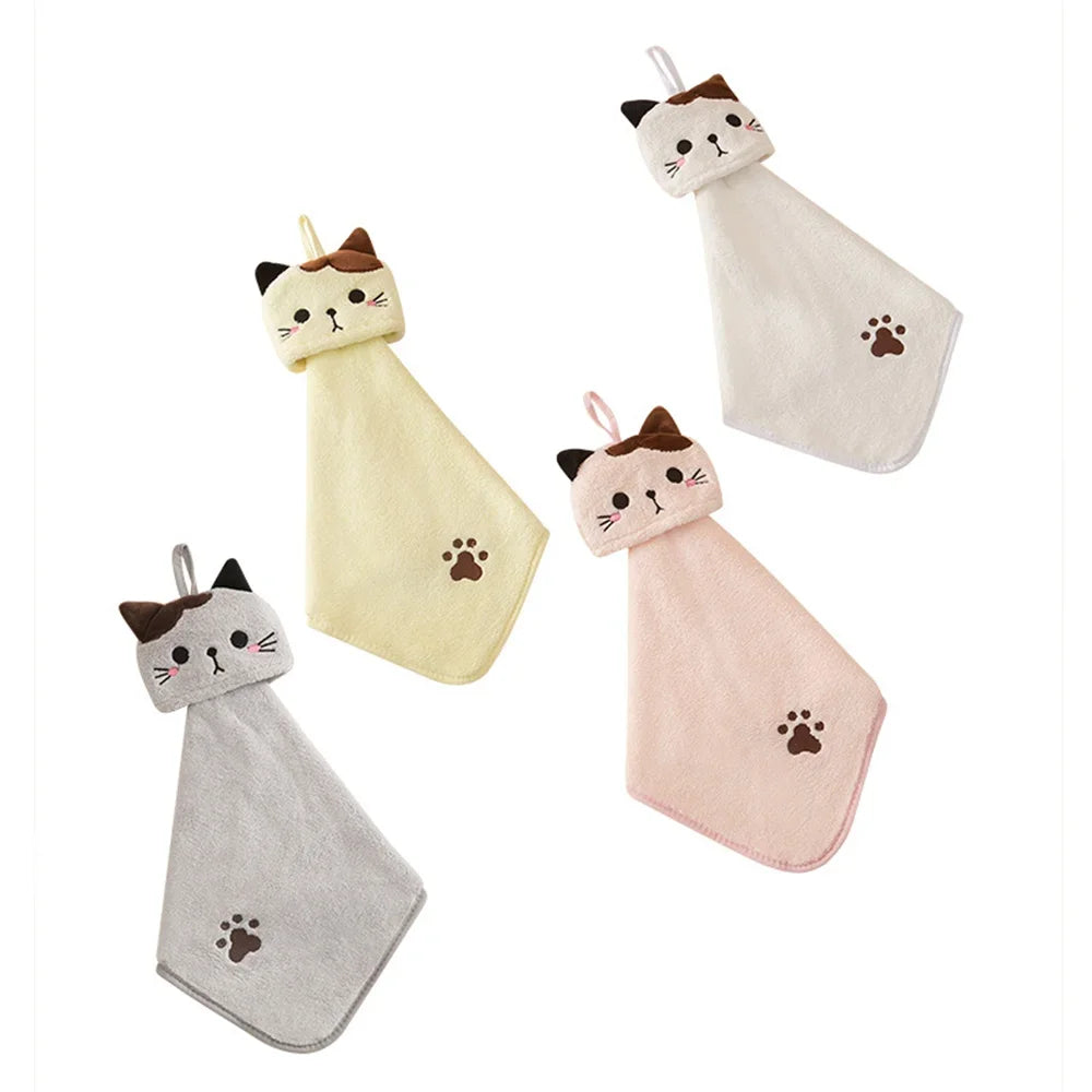 Cute cat kitchen cleaning towel coral velvet hand towel bathroom hanging absorbent dishcloth soft cleaning cloth rag