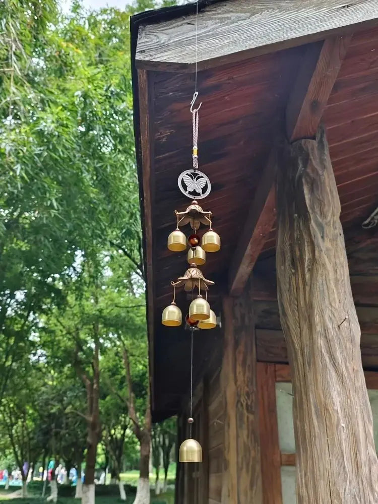 Garden Double Metal Bell Pendant Wind Chime, Brass Color Bell Hanging Decoration Suitable for Home Patio Wall Hanging Gift