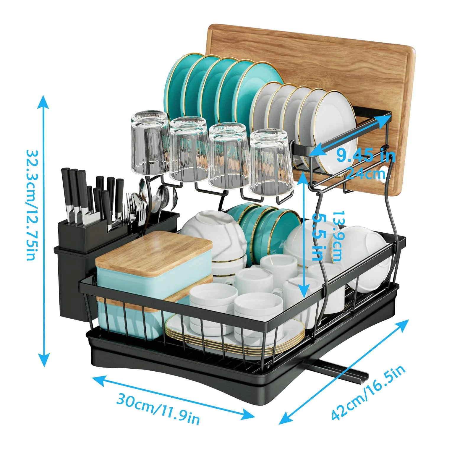 Large 2-tier dish drying rack for kitchen countertops, removable large-capacity dish draining rack