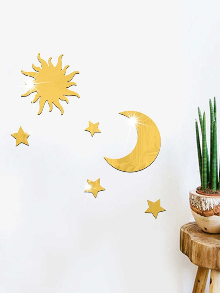 6PCS Star Moon Combination Mirror Acrylic Stereo Self Adhesive Diy Bedroom Living Room Can Be Removed Wall Stickers