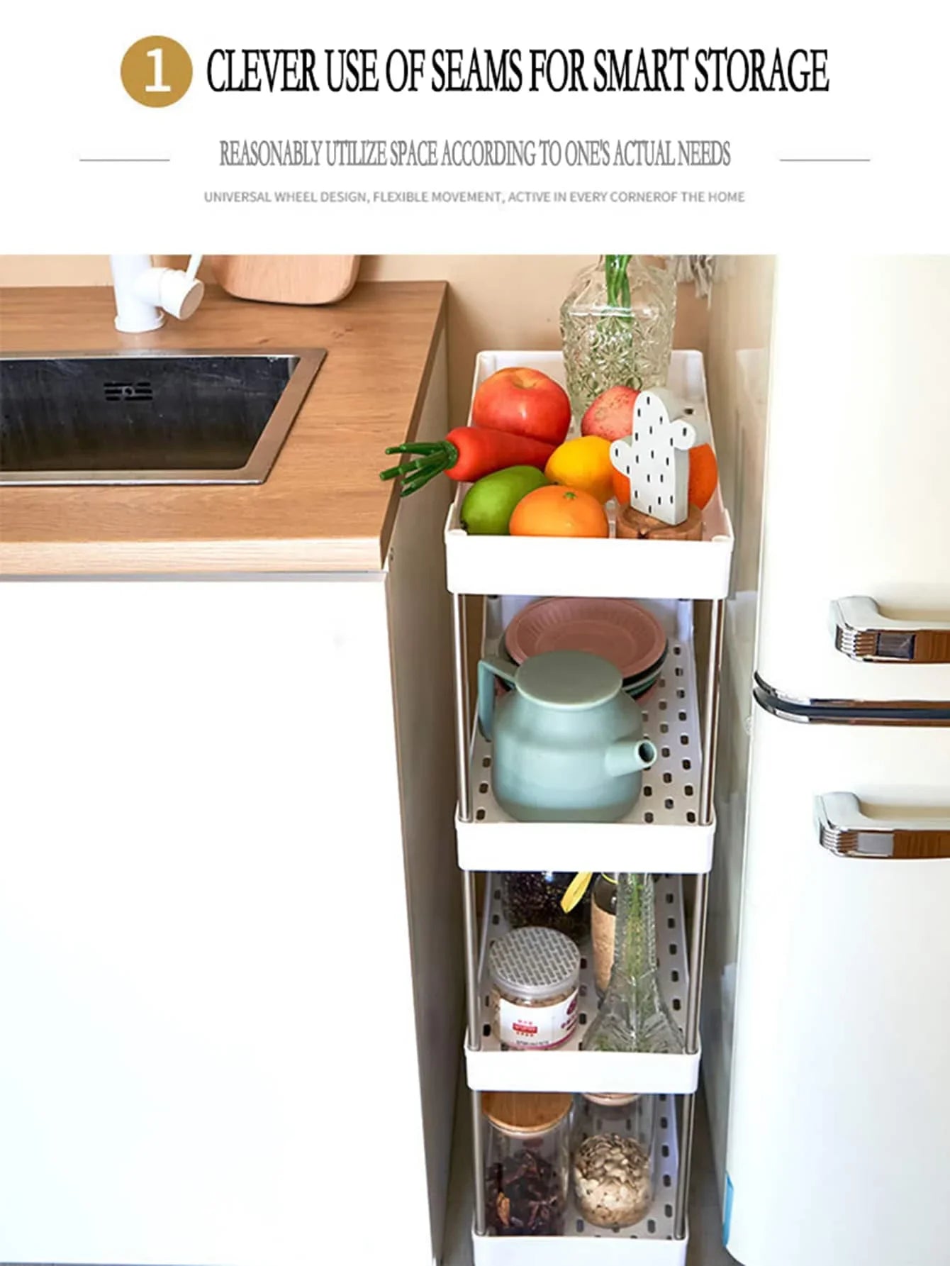 3/4 Tier Movable Gap Storage Rack Rolling Utility Cart Storage Shelf Kitchen Bathroom Slim Slide Organizer Shelf Livingroom