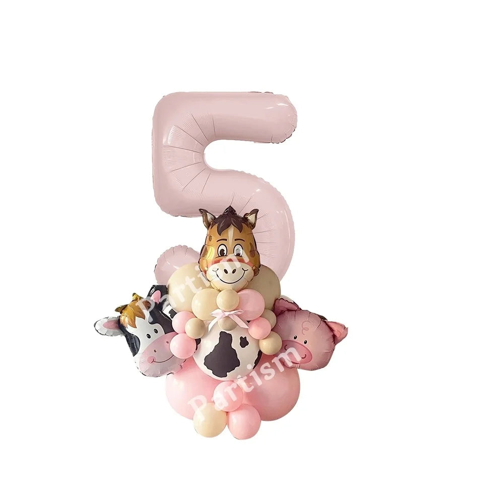 Carton Farm Animal Balloon Set with Pink Foil Number Balloon for Kids Farmland Animal Happy Birthday Party Decoration Supplies