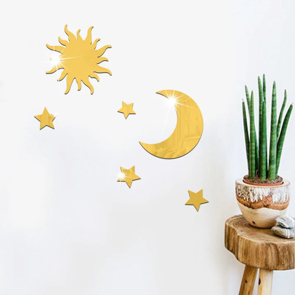 6PCS Star Moon Combination Mirror Acrylic Stereo Self Adhesive Diy Bedroom Living Room Can Be Removed Wall Stickers