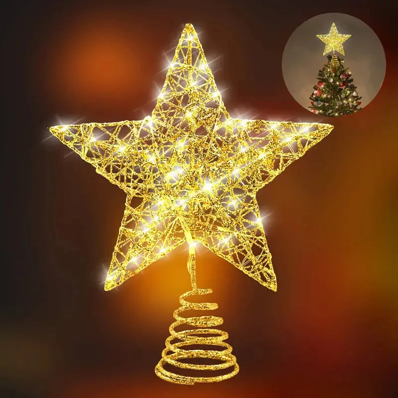 Christmas Tree Pentagram Decoration Exquisite Iron Glitter Powder Christmas Tree Decoration Top LED Star Lighting Props