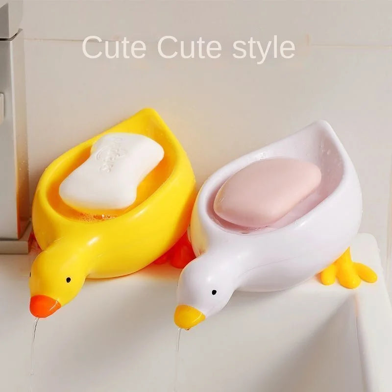 1Pc White Duck-Shaped Soap Rack, Plastic Material, Suitable for Kitchen and Bathroom Countertop Storage Box, Non-Slip Drain Soap Dish Container Bathroom Accessories