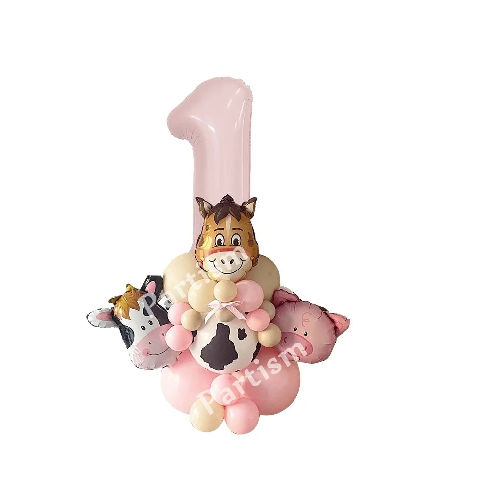 Carton Farm Animal Balloon Set with Pink Foil Number Balloon for Kids Farmland Animal Happy Birthday Party Decoration Supplies