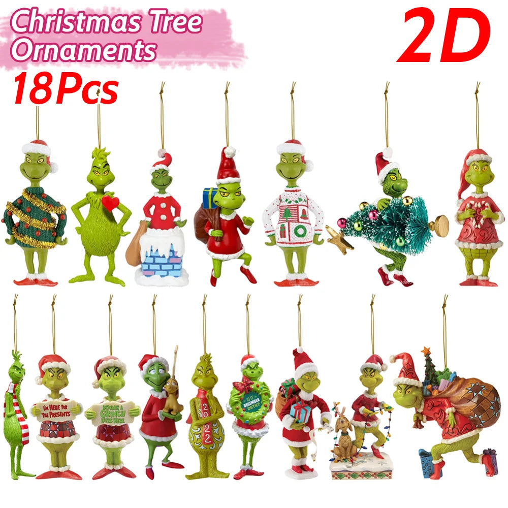 18Pcs 2D Acrylic Christmas Tree Green Monsters Ornaments Cute Green Monsters Christmas Tree Pendants Christmas Cartoon Ornaments